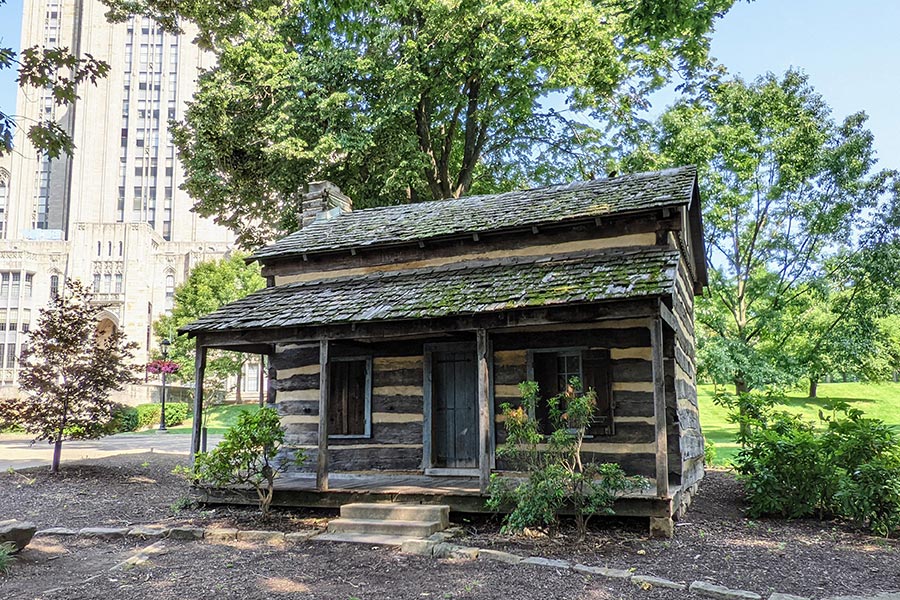 An unexpected surprise: a log cabin on the University of Pittsburgh campus.