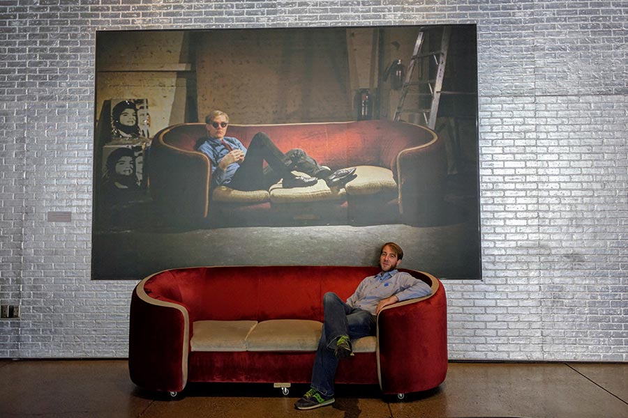 Inside the Warhol Museum, visitors can recreate a famous photo on the sofa.