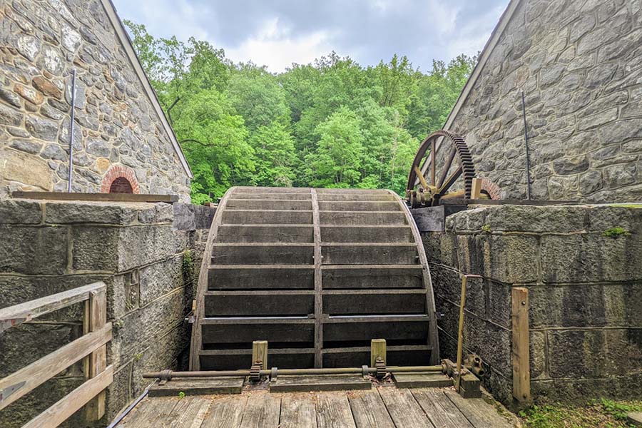 A waterwheel at the Birkenhead Mills at the Hagley Museum show how the powder yards were powered.