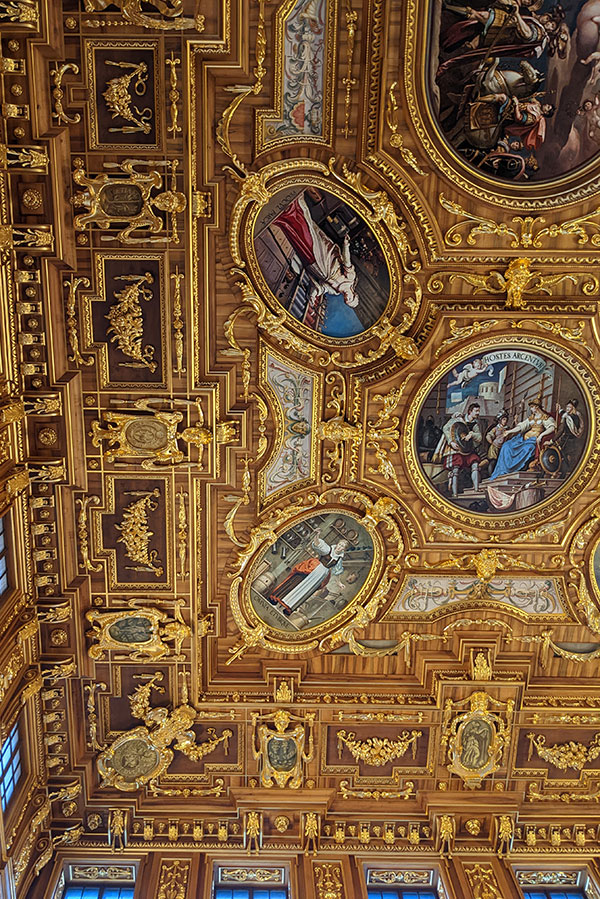 Art works cover the ceiling of the Golden Hall in Augsburg's Town Hall.