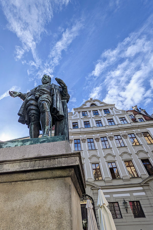 A statue of Hans Jakob Fugger on Fuggerplatz in Augsburg, Germany.