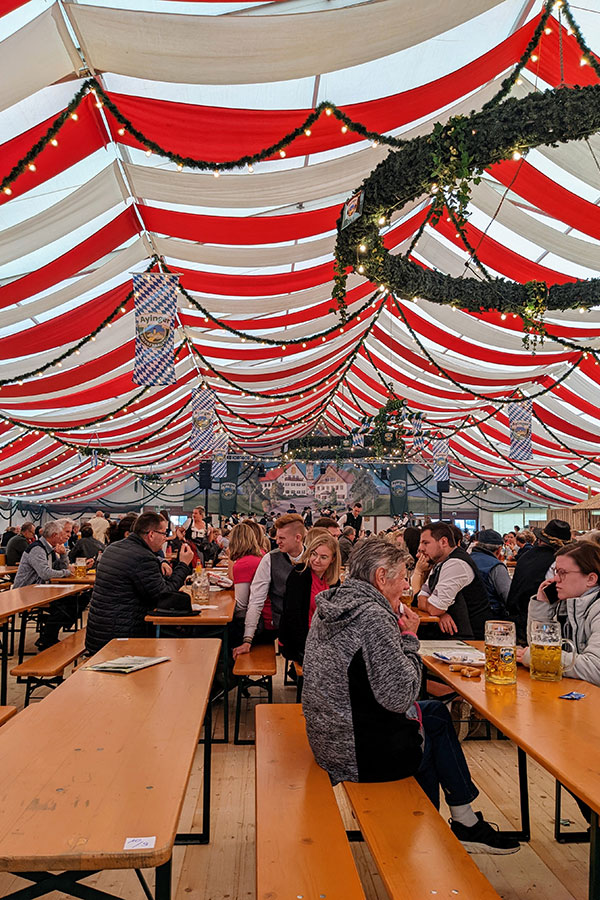 Inside the beer tent, or Festzelt, at the Ayinger Bräu-Kirta.