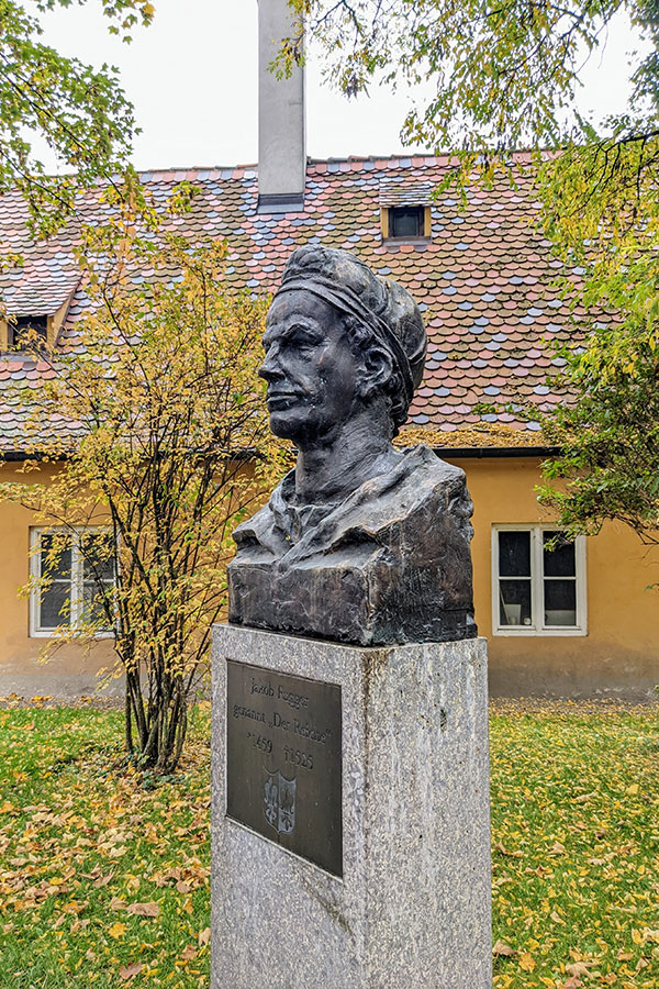 A bust of Jakob Fugger in Augsburg's Fuggerei.