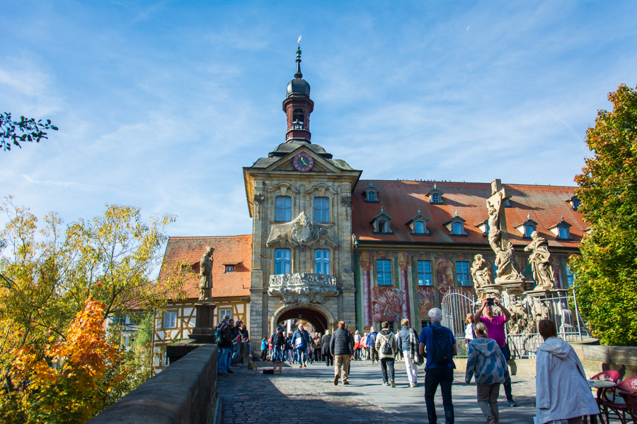 The Obere Brücke leads the way to the Altes Rathaus in Bamberg, Germany.