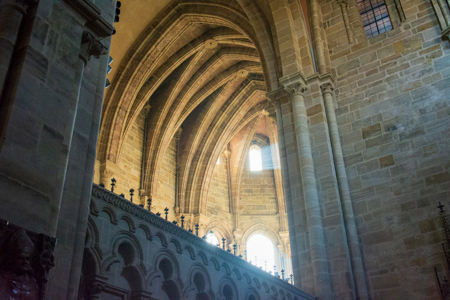 Sunlight casts interesting shadows inside the cavernous Bamberg Cathedral, or Bamberger Dom.