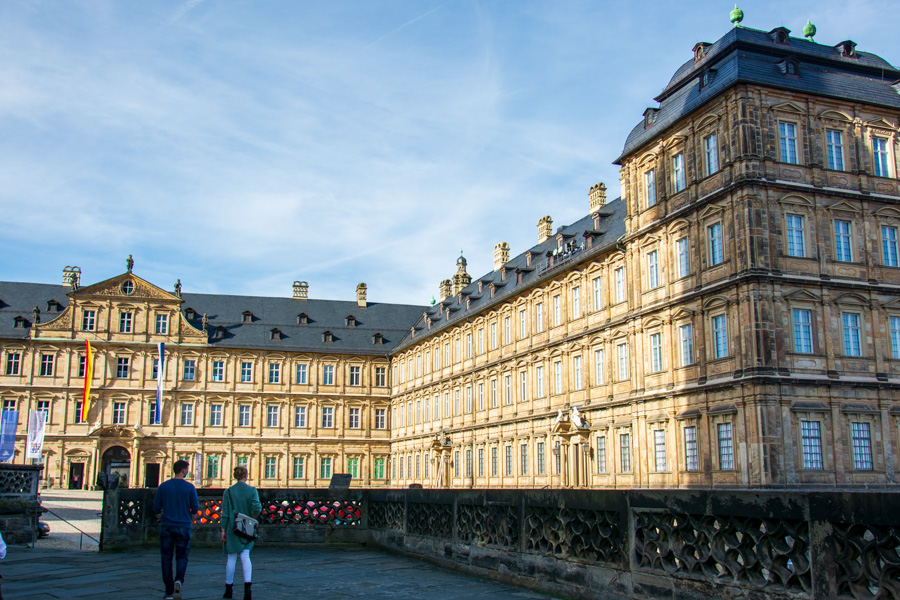 The view from Domplatz outside of the Bamberg Cathedral onto the Neue Residenz.