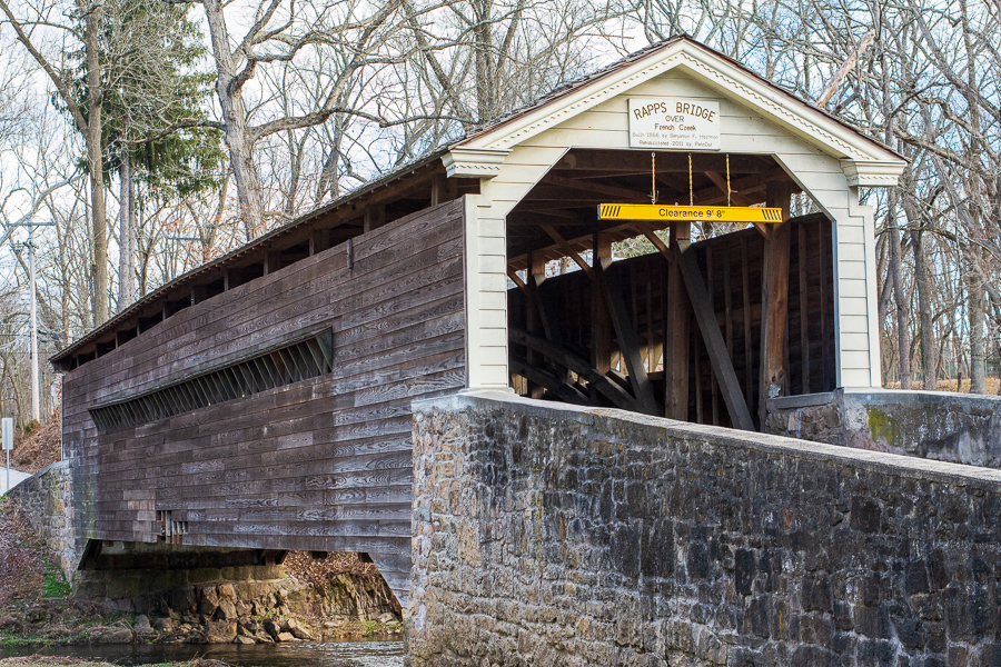 Rapp's Dam Covered Bridge in Phoenixville is one of more than a dozen Chester County covered bridges in PA.