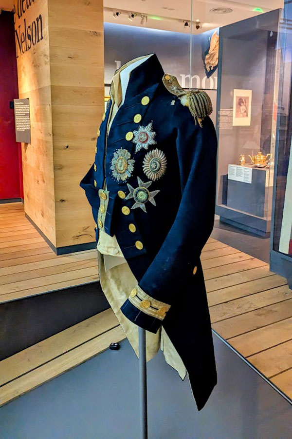 The National Maritime Museum exhibits Vice Admiral Lord Nelson's jacket from Trafalgar, complete with blood stains and a bullet hole.