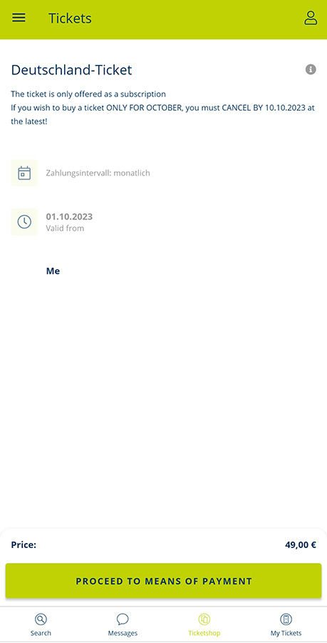 Screenshot of buying the 49€ Deutschland-Ticket from the MVV app.