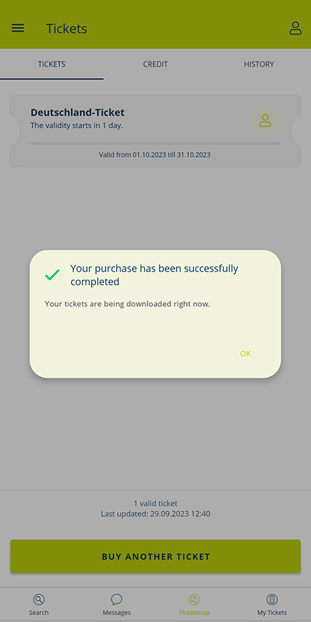 Screenshot of completing a purchase of the 49€ Deutschland-Ticket from the MVV app.