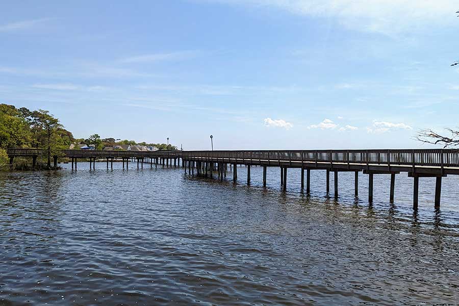 The Town of Duck in North Carolina has a nearly mile-long boardwalk along the Currituck Sound.