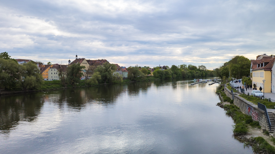 The view up the Danube River in Regensburg, Germany.