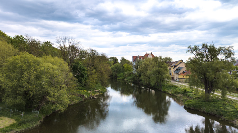 Lush green areas line the Danube River in Regensburg, Germany.