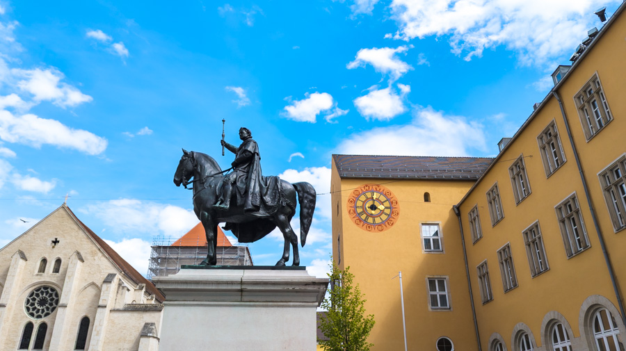 Statue in Domplatz of Ludwig I on horseback across from the cathedral in Regensburg, Germany.