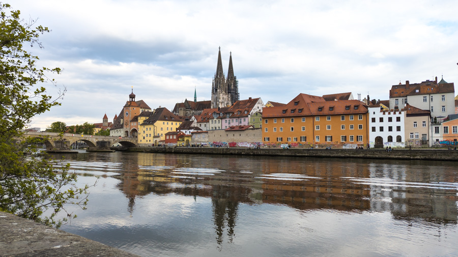 The scenic old town of Regensburg, Germany, along the Danube River.