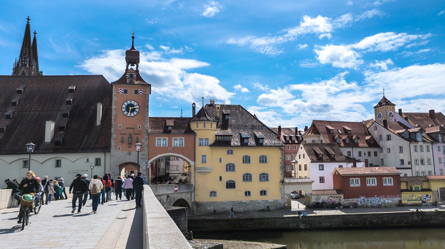 View of Regensburg Altstadt from the famous Stone Bridge, or Steinerne Brück.