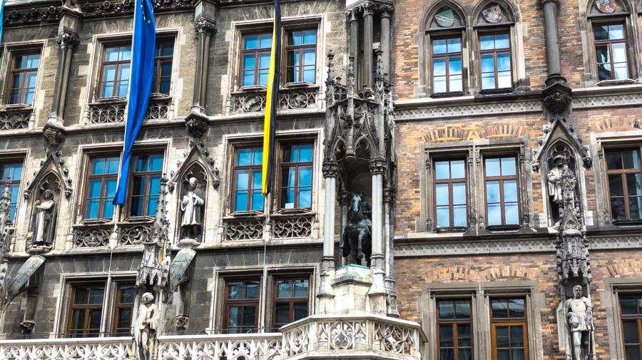 A close up of the exterior of the Munich Neues Rathaus, or New Town Hall, which visitors can see inside with a tour.