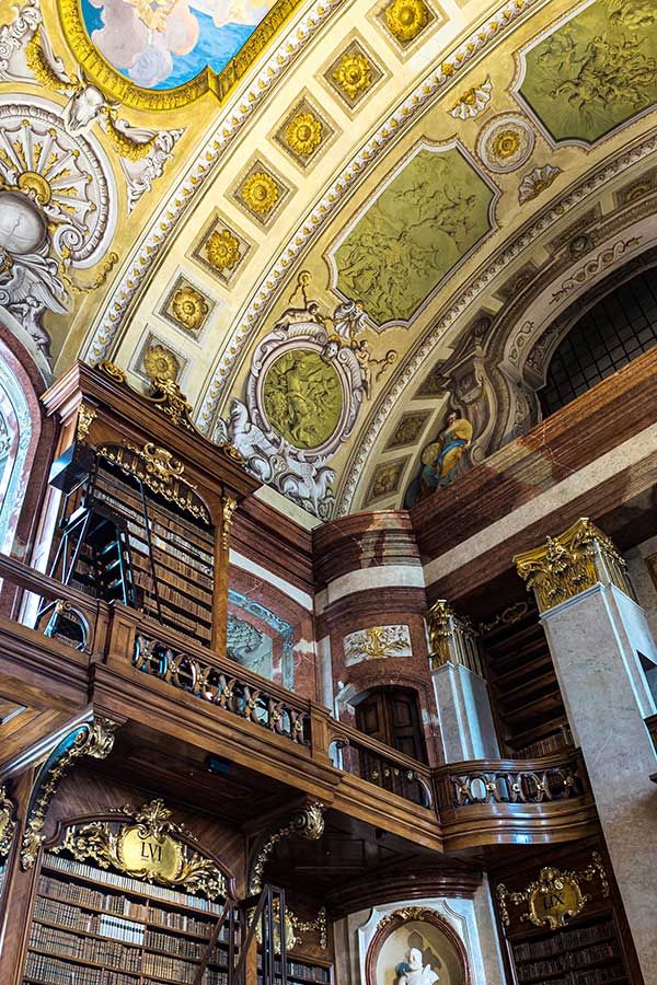 A second floor holds part of the more than 200,000 historical books at the State Hall of the Austrian National Library.