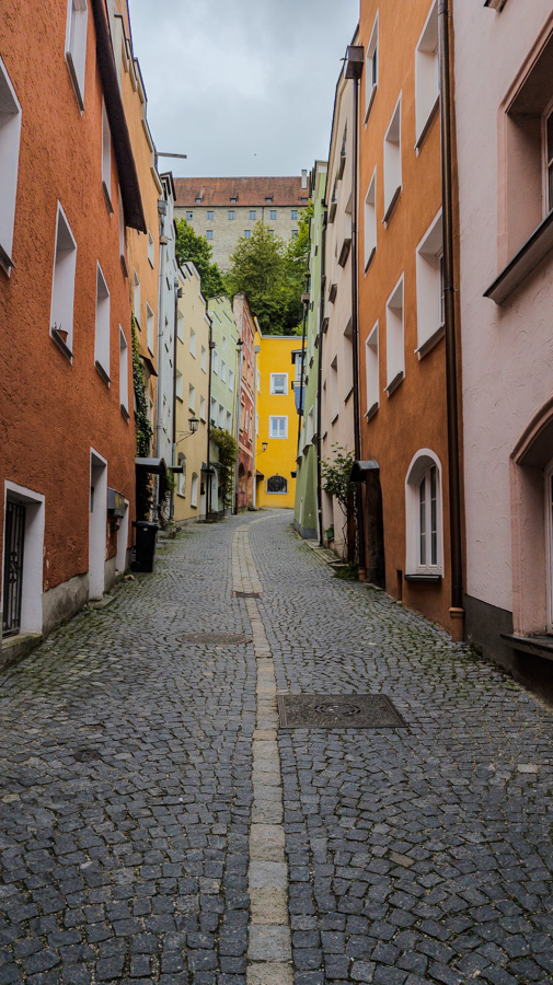 The colorful cobbled streets of the Burghausen Altstadt, or old town.