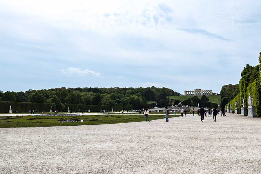 The Gloriette sits upon a hill overlooking the palace gardens in Vienna, Austria.