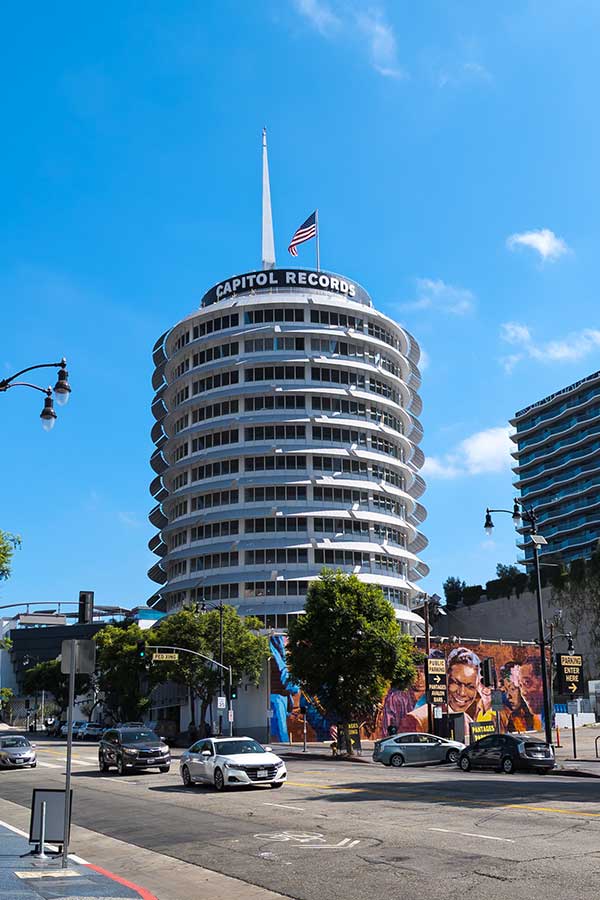 The Capitol Records building can be seen from Hollywood Boulevard.