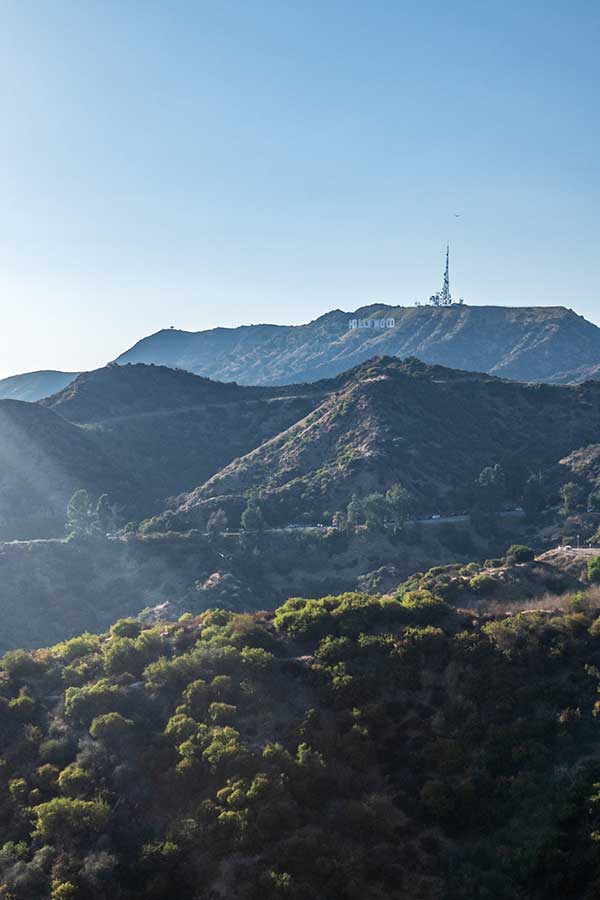 The iconic Hollywood sign in the hills of the Santa Monica Mountains.