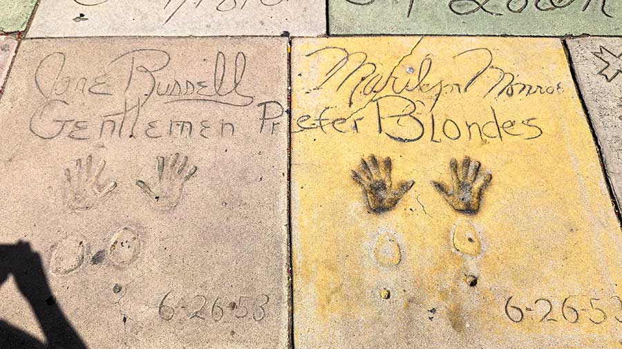 Handprints of Marilyn Monroe and Jane Russell from Gentlemen Prefer Blondes at the TCL Chinese Theatre.