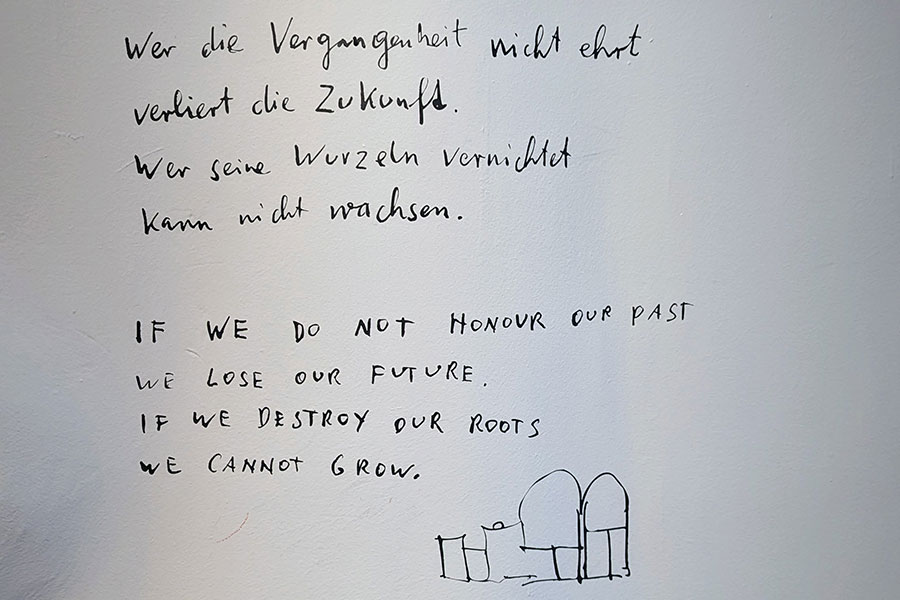 Quote by Friedensreich Hundertwasser displayed on a wall in the KunstHausWien, highlighting his artistic philosophy and unique vision.