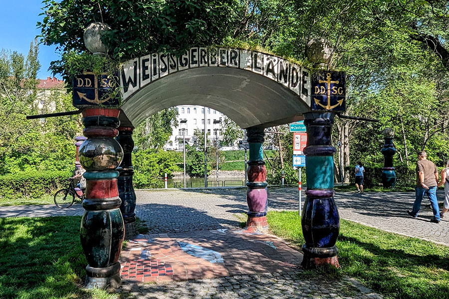 Weissgerber Lände pavilion in Vienna, showcasing a structure influenced by Hundertwasser's distinctive architectural style.