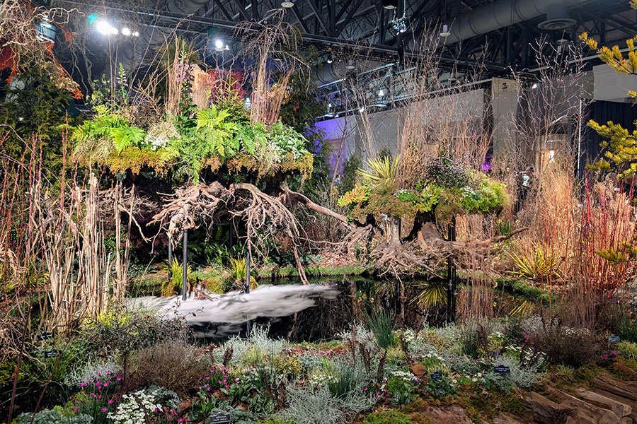 Ishihara Kazuyuki Design Lab and Treeline Designz collaborate on a two-tier woodland exhibit at the Philadelphia Flower Show 2025.