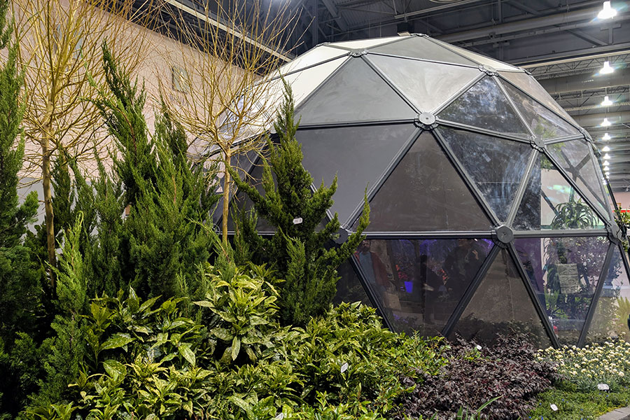 Ekodome provide two geodesic domes at the Flower Show. One is a greenhouse and one PLANTPOP projects timelapse videos in.